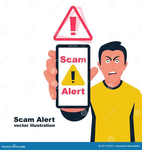 Scam Alert. Frightened Man with a Phone in Hands. Vector Flat. Stock