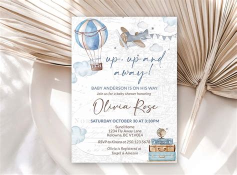 Up Up And Away Hot Air Balloon Baby Shower Invitation Blue Beige Tan Adventure Awaits Baby