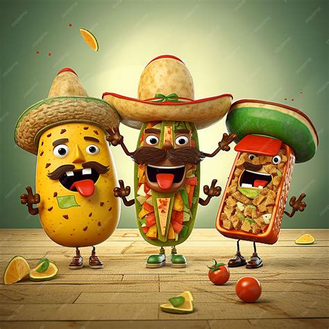 Premium Photo Three Cartoon Characters With Sombrero Kiwi And A Sombrero