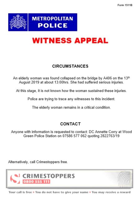 Police Reissue Appeal For Witnesses To Incident Near North Circular Footbridge Palmers Green