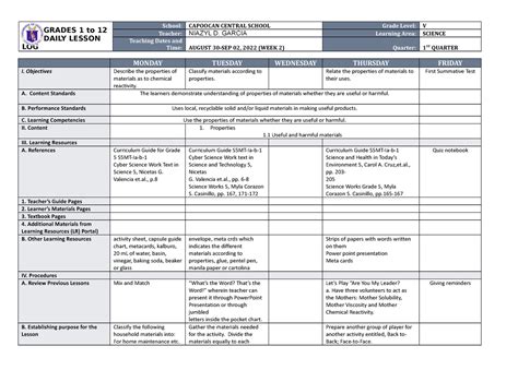 Dll Science 5 Q1 W2 Dll Grades 1 To 12 Daily Lesson Log School