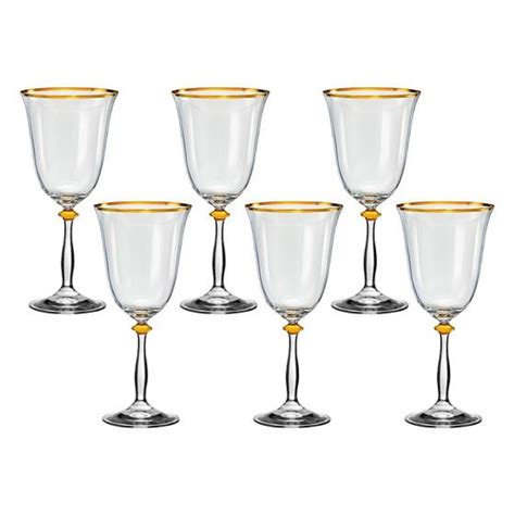 Jogo 6 Taças de Cristal Para Água 350 ml Angela Gold Rim Bohemia