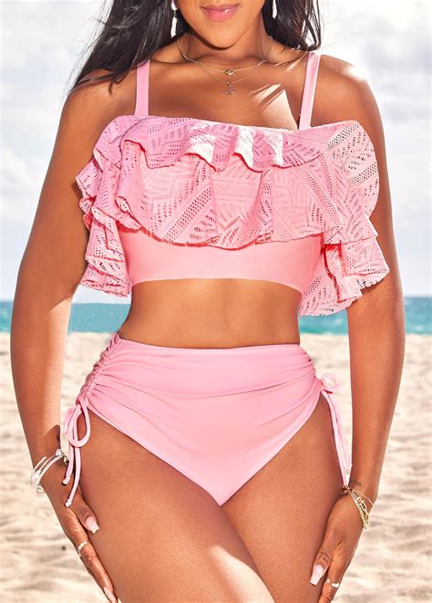 High Waisted Patchwork Light Pink Bikini Set Rosewe Usd