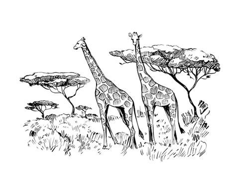 Croquis De La Savane Africaine Paysage Avec Girafes Et Arbres Contour