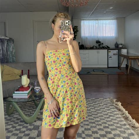 Cute Bright Yellow Cotton Mini Dress Covered In Depop