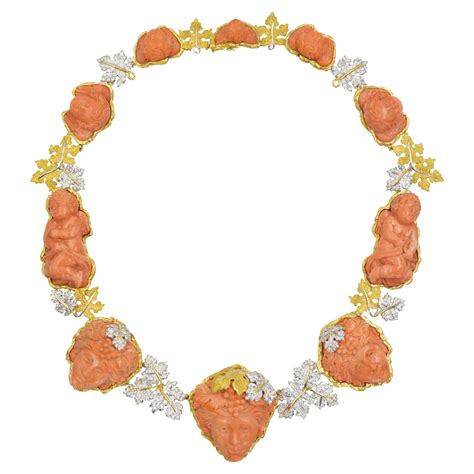 Mario Buccellati Carved Coral And Diamond Necklace In K Yellow Gold