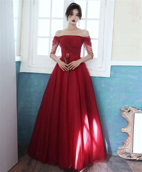 Burgundy Tulle Off Shoulder Long Prom Dress Burgundy Graduation Dress