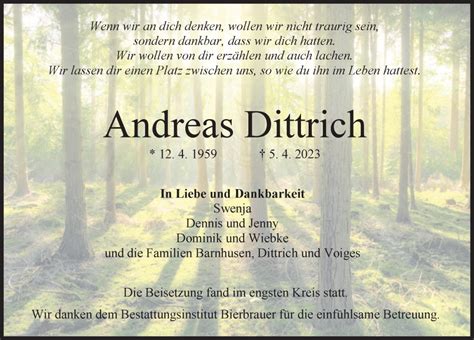 Traueranzeigen Von Andreas Dittrich Trauer Anzeigen De