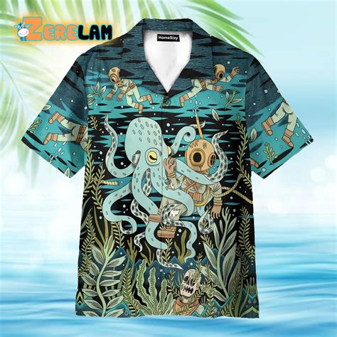 Diver Fighting With Octopus Dark Ocean Pattern Hawaiian Shirt Zerelam