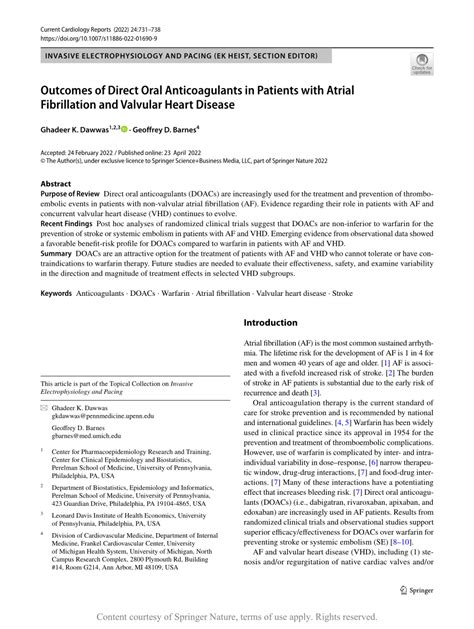 Outcomes Of Direct Oral Anticoagulants In Patients With Atrial Fibrillation And Valvular Heart