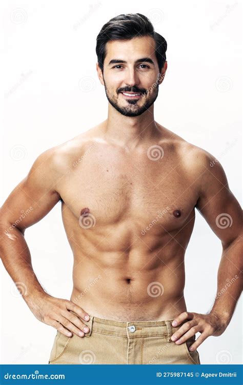 Male Athlete Model With Naked Torso And Packs Of Abs Sporty On White Isolated Background Trendy
