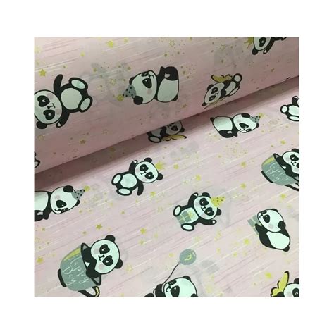 Tissu coton avec motifs de panda sur fond rose et étoiles