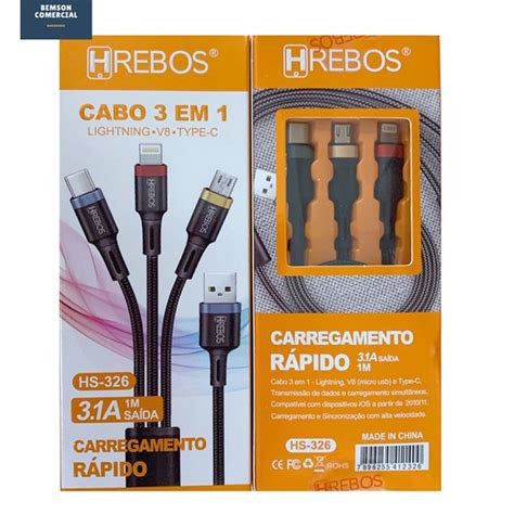 Cabo Usb 3 Em 1 Turbo 3 1a 1m Hrebos Hs 326 Shopee Brasil