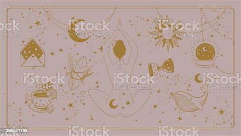 Boho Banner About Female Magic Meditating Woman With Magic Symbols Sun