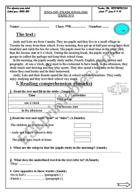 7 Th Form End Term Test 3 ESL Worksheet By Aymeness