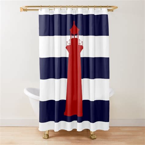 Nautical Red Lighthouse On Navy Blue Stripes Shower Curtain For Sale