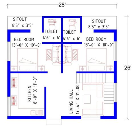 a blueprinted floor plan for a two bedroom house with an attached ...