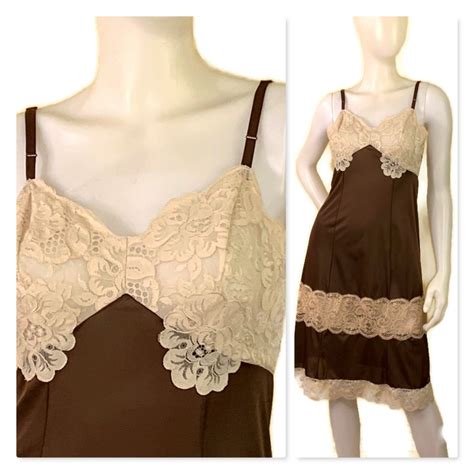Vintage 1960s Brown Full Slip With Cream Lace Vintage 60s Lingerie Nylon Slip Adjustable