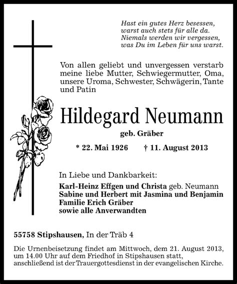 Traueranzeigen Von Hildegard Neumann Rz Trauer De