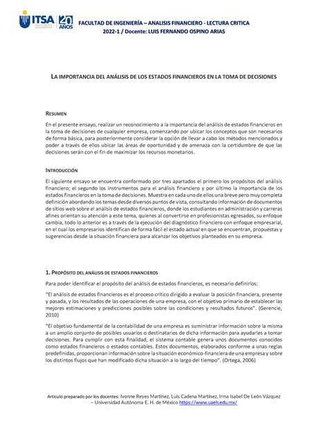 Articulo Lectura Critica Importancia Del Analisis Financiero 2022