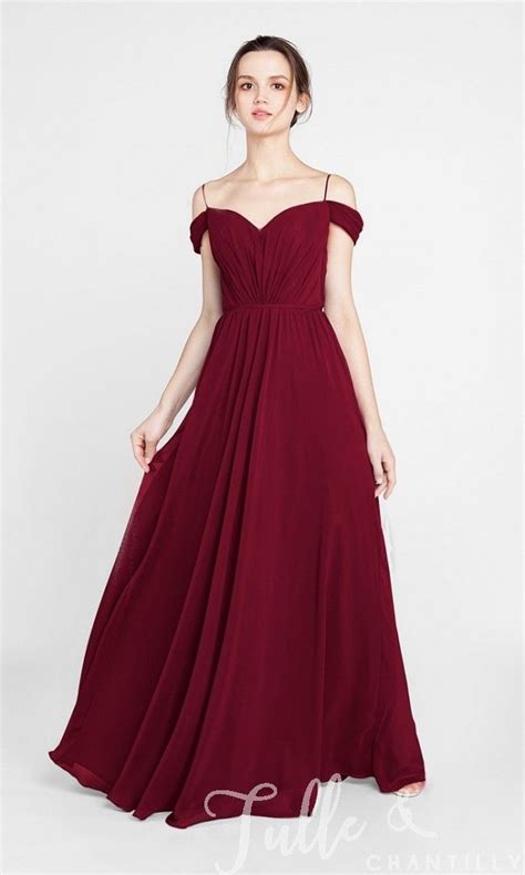 Chiffon Long Maroon Off The Shoulder Bridesmaid Dress With Spaghett