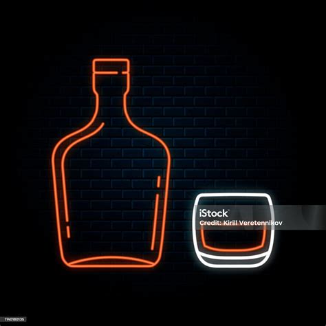 Tanda Neon Bersinar Dengan Botol Rum Dan Kaca Ilustrasi Terisolasi