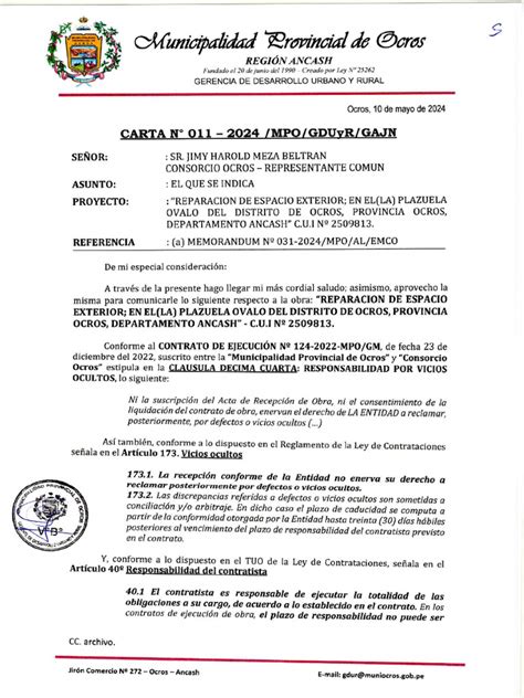 Carta 011 2024 Reparacion De La Plazuela Ovalo Pdf