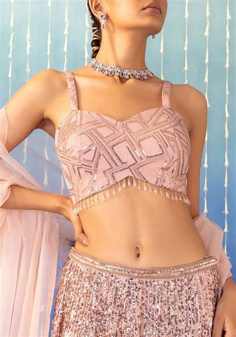 Buy Women Rose Gold Sequin Striped Embroidered Lehenga Set With Blouse