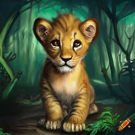 Cute Cartoon Lion Cub In A Dark Jungle