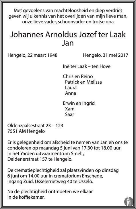 Johannes Arnoldus Jozef Jan Ter Laak Overlijdensbericht En