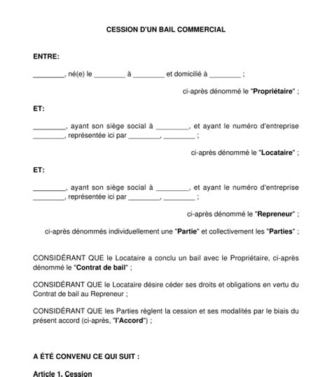 Contrat De Cession D Un Bail Commercial Mod Le