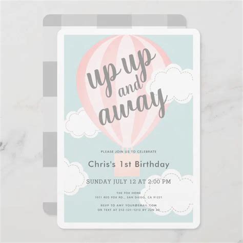 Up Up And Away Pink Hot Air Balloon St Birthday Invitation Zazzle