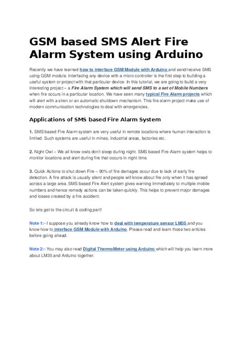 Doc Gsm Based Sms Alert Fire Alarm System Using Arduino Applications