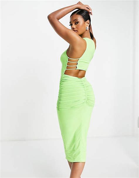 Asos Design Racer Ruched Back Strappy Side Detailed Midi Dress In Lime