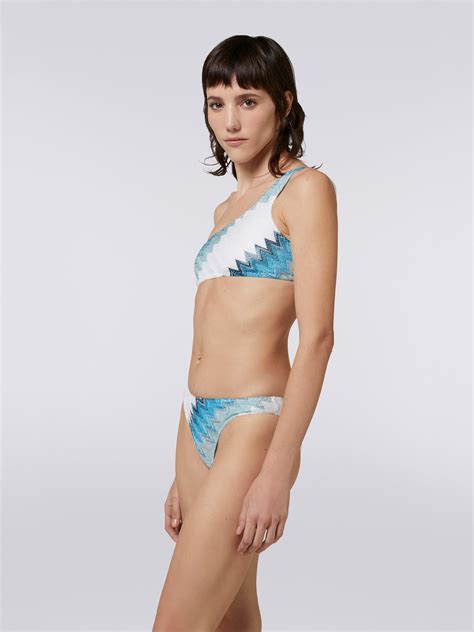 One shoulder bikini with zigzag and lamé White Blue Sky Blue Missoni