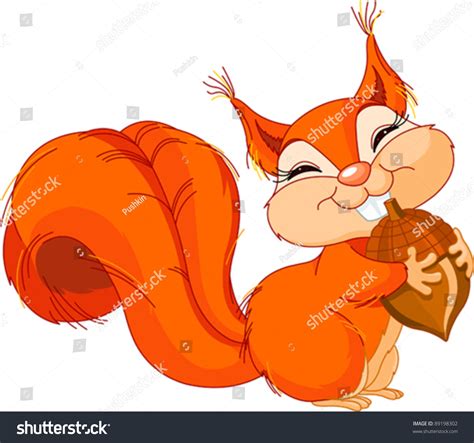 Cute Cartoon Squirrel Holding Acorn Stock Vector Illustration