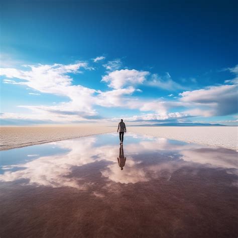 Premium Ai Image A Person Walking On A Beach With The Sky Reflected