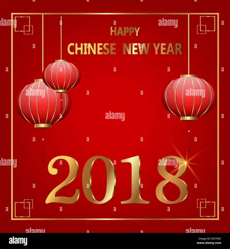 Postcard Chinese New Year Lanterns And Golden Letters Vector Illustration On Red Background