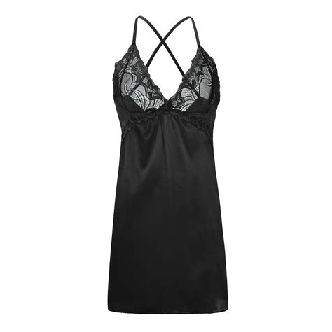 Rinsvye Women Lingerie V Neck Nightwear Satin Sleep Lace Chemise Mini