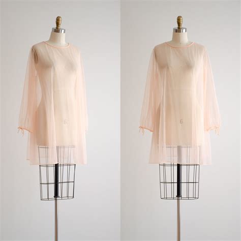 Sheer Lingerie 60s Vintage Peach Chiffon Babydoll Nightgown Poppycock Vintage Winston Salem NC