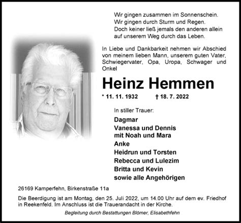 Traueranzeigen Von Heinz Hemmen Nordwest Trauer De