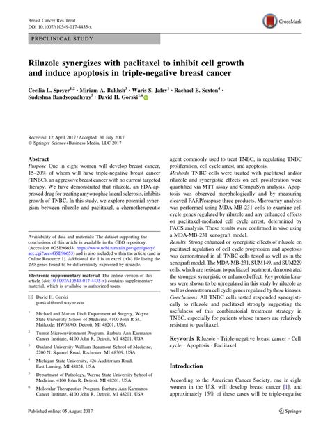 Pdf Riluzole Synergizes With Paclitaxel To Inhibit Cell Growth And