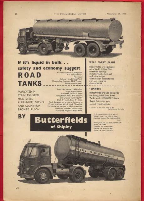 Old Magazine Advert 1959 Butterfields Of Shipley Tankers Esso