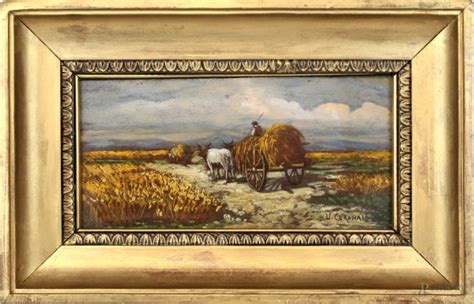 Paesaggio Con Carro E Buoi Olio Su Compensato Cm 15x30 Firmato