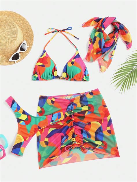 SHEIN VCAY Imprimé Bikini Triangulaire Ras Du Cou Avec Jupe De Plage Bandana Mode en ligne