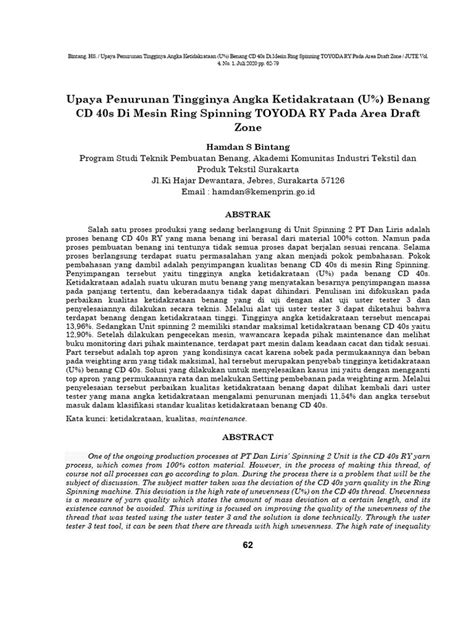 9 Bintang H S Upaya Penurunan Tingginya Angka Ketidakrataan U Benang Cd 40s Di Mesin