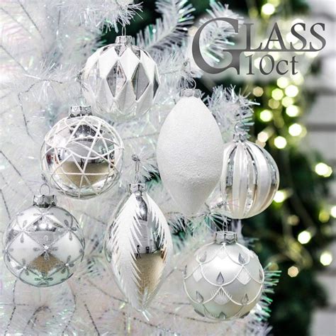 10ct Frozen Winter Silver White Christmas Ball Ornaments Glass Blown