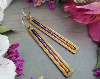 Beaded Stick Earrings In Gold Burnt Sienna Copper Salmon Peach