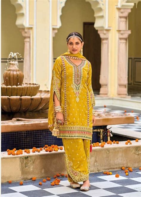 Yellow Chinon Silk Heavy Embroidery Full Stitch Afghani Suits 1641