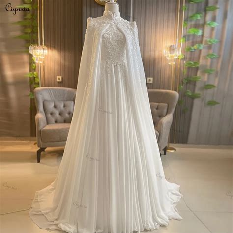 Ciynsia Chiffon Appliques Muslim Wedding Dress With Cape Long Sleeve